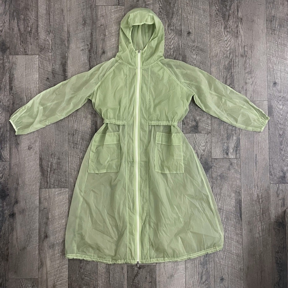 Athleta Sheer Longline Windbreaker Jacket Sage Green Hooded Large Full Zip Parka